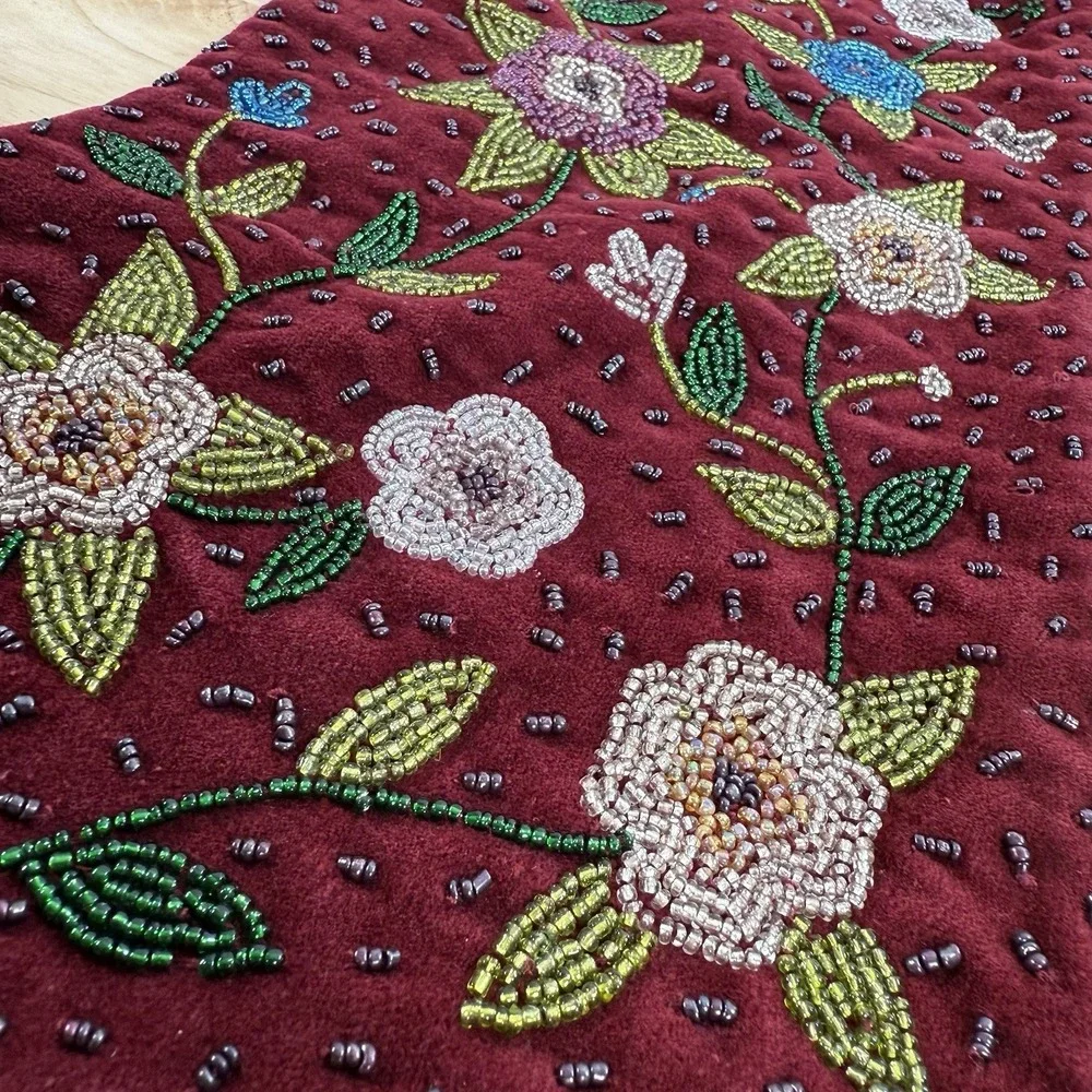 Christmas Stocking‎ Flowers Burgundy Red Green Lillian Vernon VTG Beaded Velvet